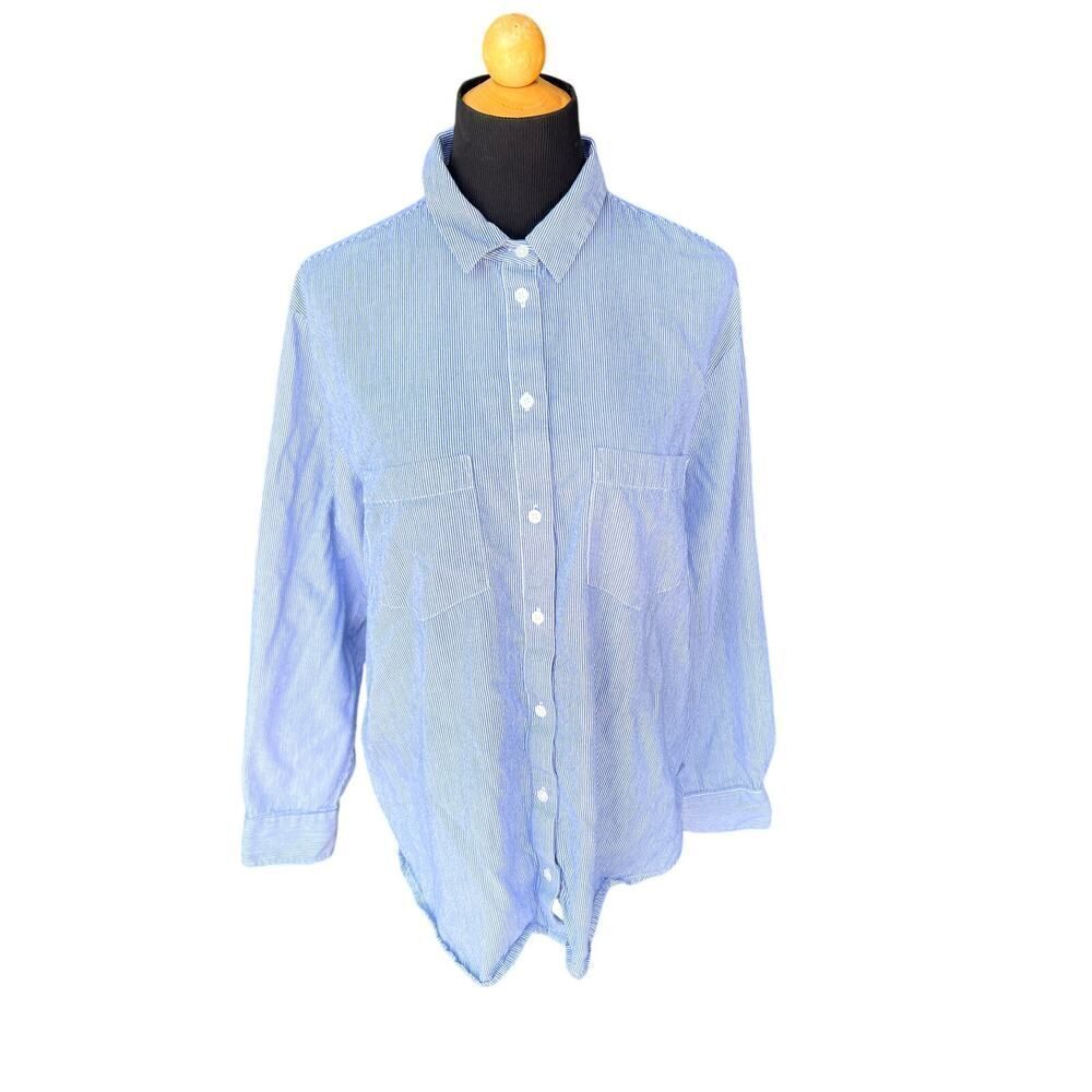 MADEWELL OVERSIZED BLUE AND WHITE WOMENS COLLARED SHIRT SIZE MEDIUM